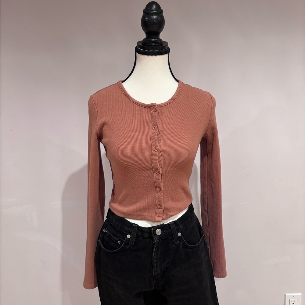 Zara Terracotta Ribbed Button Up Cardigan - Picture 2 of 5